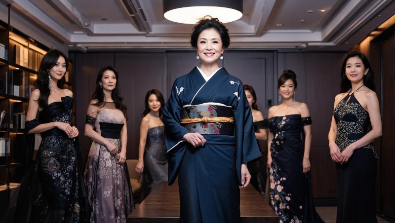 伝統的な日本の着物を着て帯を締め、エレガントなイブニングドレスを着た7人の女性に囲ま...。