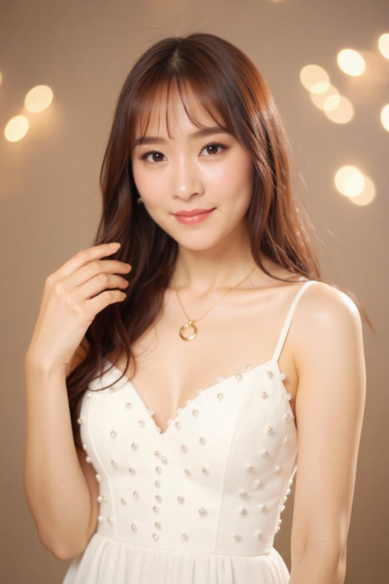 長くストレートな茶色の髪と白い肌を持つ若い女性が、ボケ味のある柔らかくぼやけた背景に...。