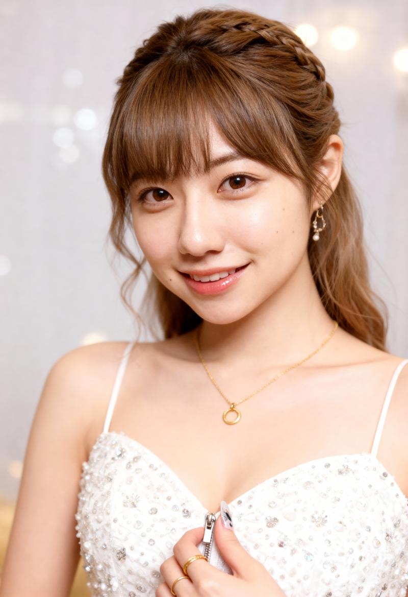 スパゲッティ ストラップと金のネックレスが付いた白いスパンコールのドレスを着て、三つ...。