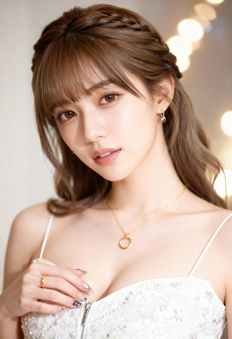 白い肌と、三つ編みでスタイリングしたウェーブのかかった長い茶色の髪を持つ若い女性の写...。