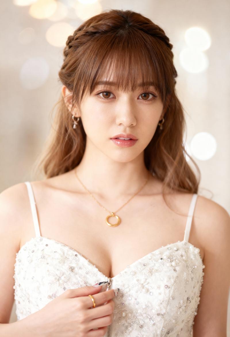 スパゲッティ ストラップが付いた白いスパンコールのウェディング ドレスと円形のペンダ...。