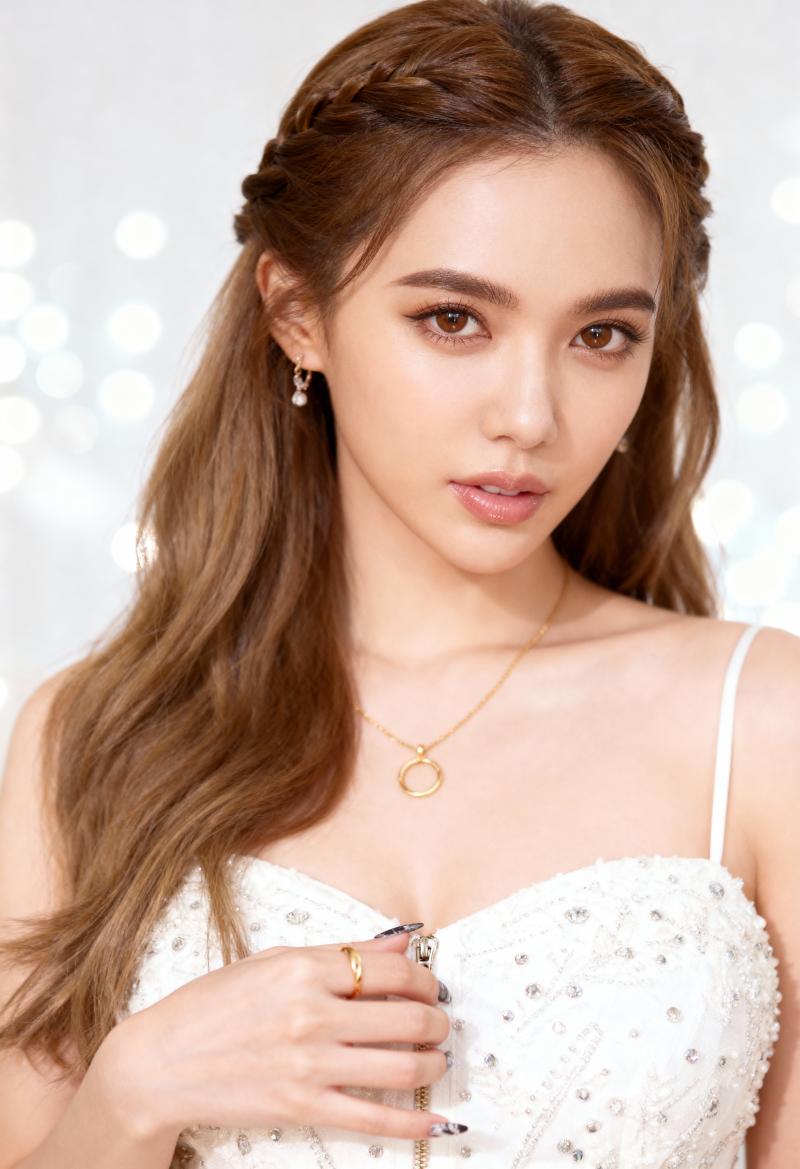 ウェーブのかかった茶色の長い髪を三つ編みにまとめ、ネックラインが大きく開いたストラッ...。