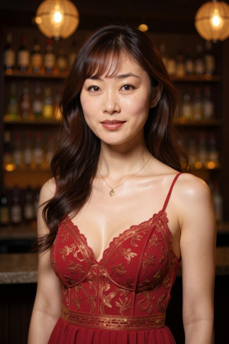 ボトルと提灯のあるぼやけたバーの背景の前に立つ赤いドレスを着た女性を、ポートレートア...。