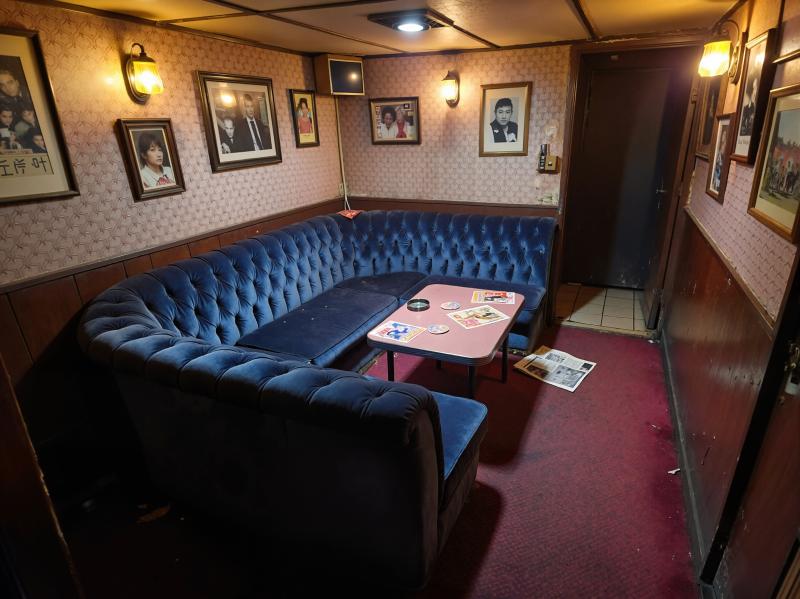 薄暗い部屋の中央に青いベルベットのセクショナルソファと小さなピンクのテーブルが置かれ...。