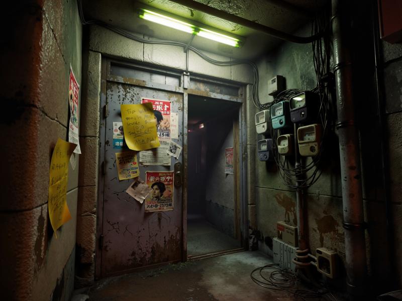 薄暗く、錆びた金属のドアとポスターが貼られたインダストリアルな廊下。