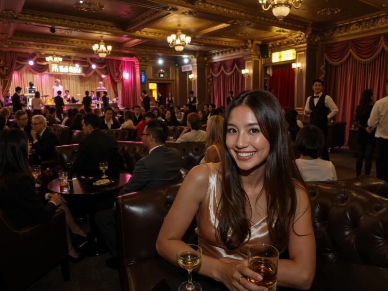 高級レストランのテーブルに座り、カメラに向かって微笑む女性。