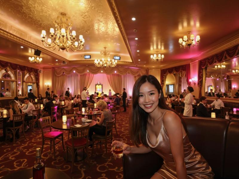 高級レストランのテーブルに座り、ドリンクのグラスを持ちながらカメラに向かって微笑む女...。