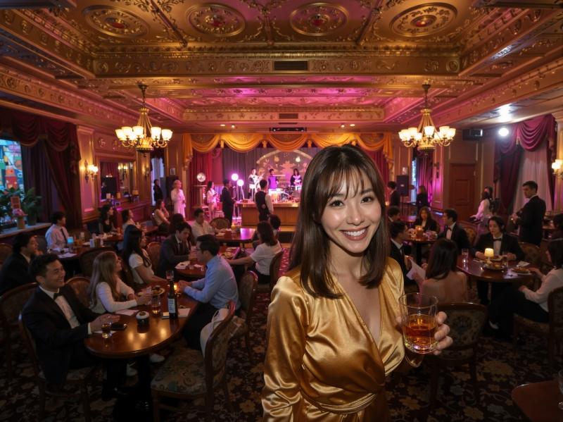 豪華なダイニング ルームでウィスキーのグラスを持つ女性を正面カメラ アングルから写実...。