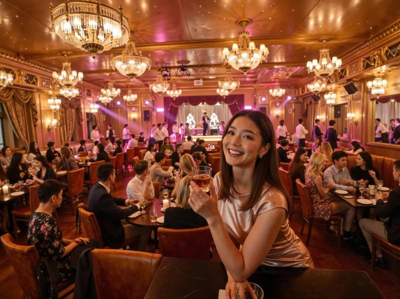 高級レストランのテーブルに座り、ビールのグラスを持ってカメラに向かって微笑む若い女性...。