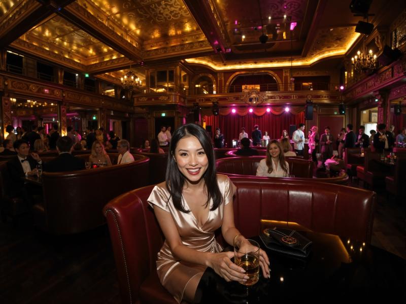 薄暗いレストランに座り、ウィスキーのグラスを持ってカメラに向かって微笑む女性を正面か...。