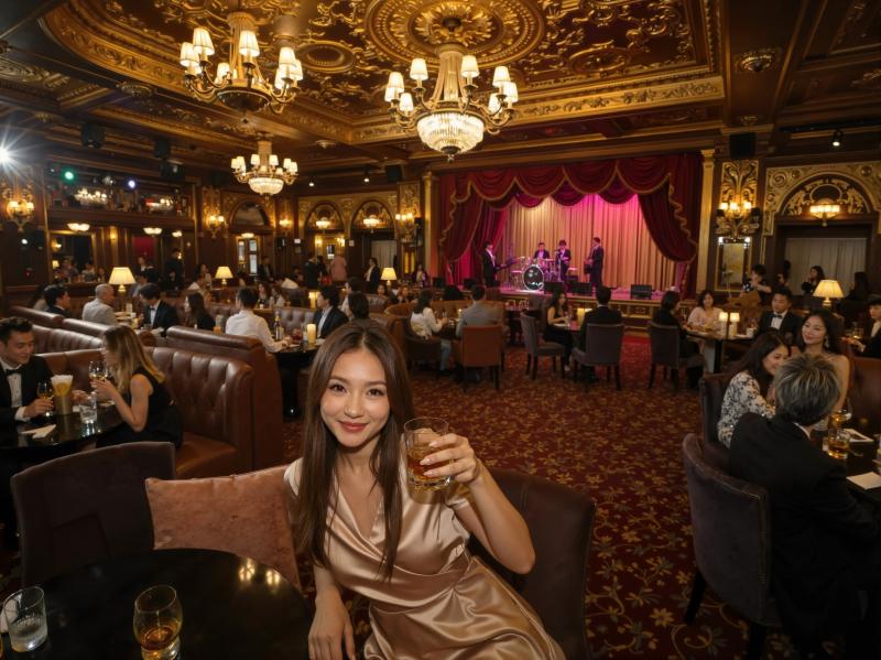 高級レストランに座ってビールのグラスを持ち、カメラに向かって微笑む女性を正面から写実...。