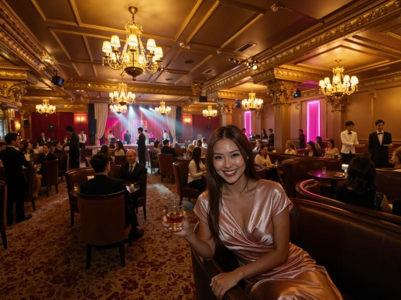 高級レストランに座って赤ワインのグラスを持ち、カメラに向かって微笑む女性を横から写実...。