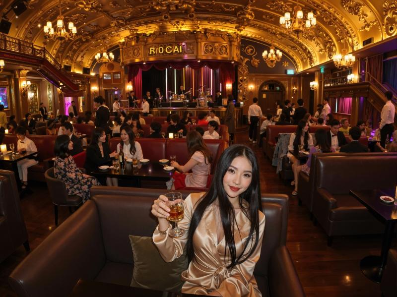 高級レストランで大勢の人々に囲まれ、ビールのグラスを持って座っている女性を正面から写...。