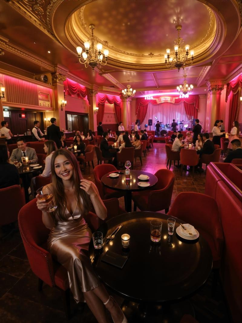 高級レストランのテーブルに座り、ワイングラスを持ち、カメラに向かって微笑む女性を上か...。