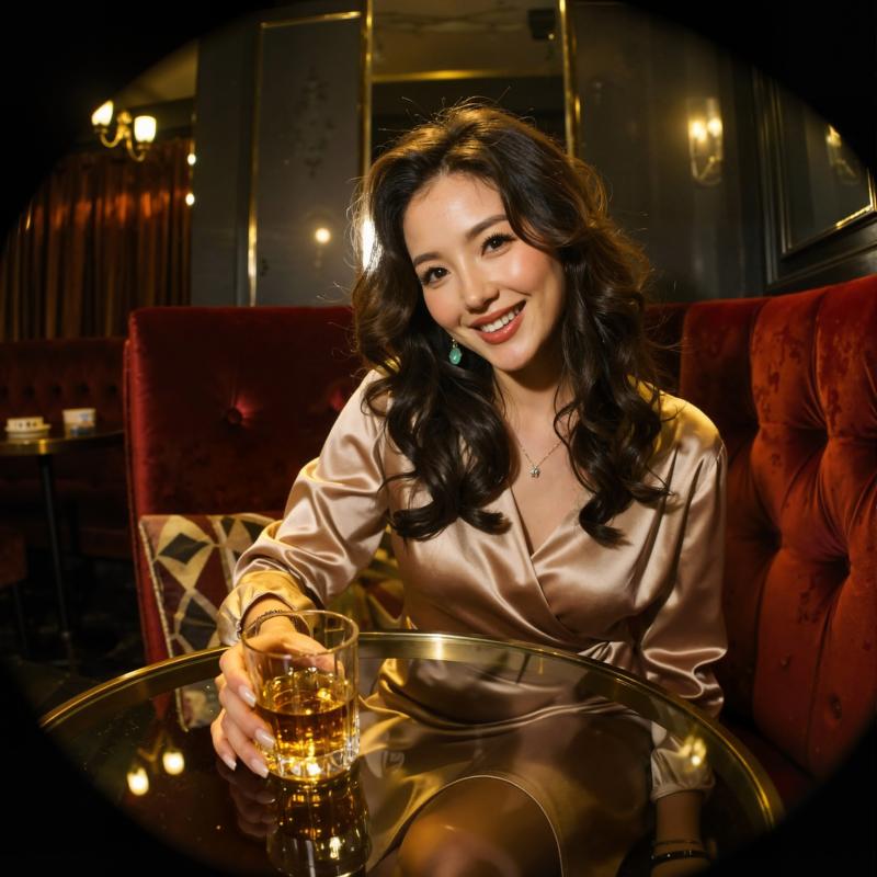 薄暗いカフェの雰囲気の中で、ウィスキーを飲みながらテーブルに座る女性を円形の視点から...。