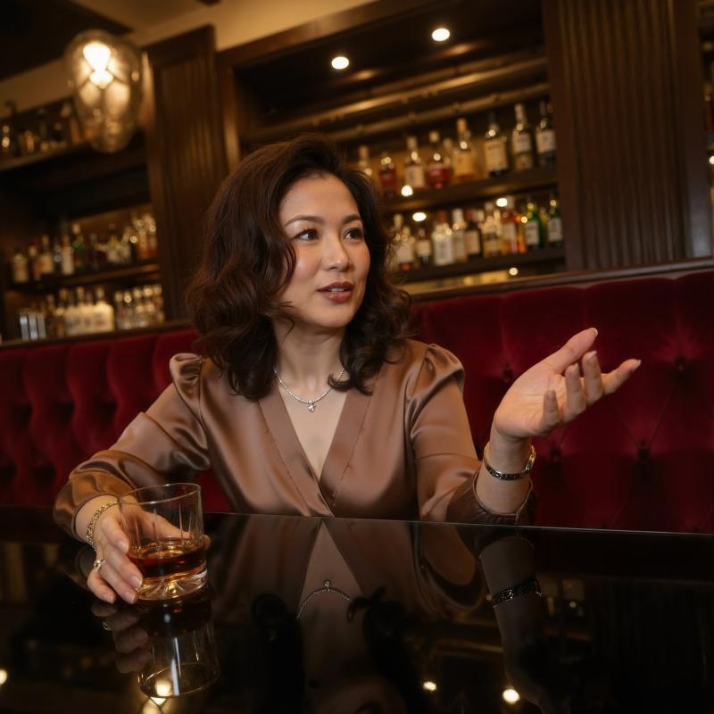 右手にウイスキーのグラスを持ち、バーに座っているアジア系の中年の女性のポートレート。