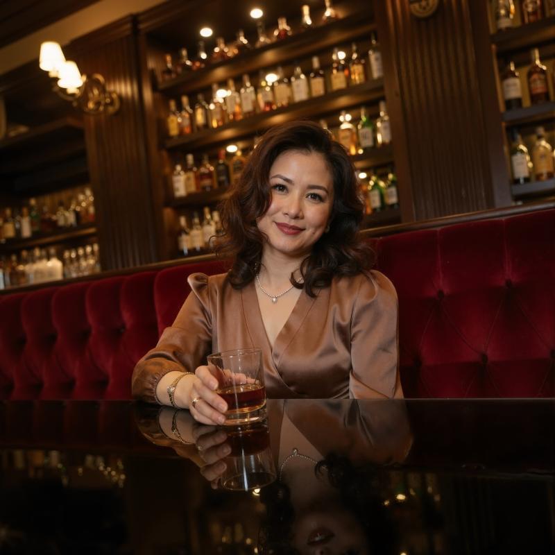 手にウイスキーのグラスを持ち、バーに座っている中年のアジア人女性のポートレート。