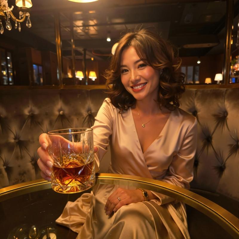 薄暗いバーの雰囲気の中で、ウィスキーを飲みながらテーブルに座る女性を正面カメラのアン...。