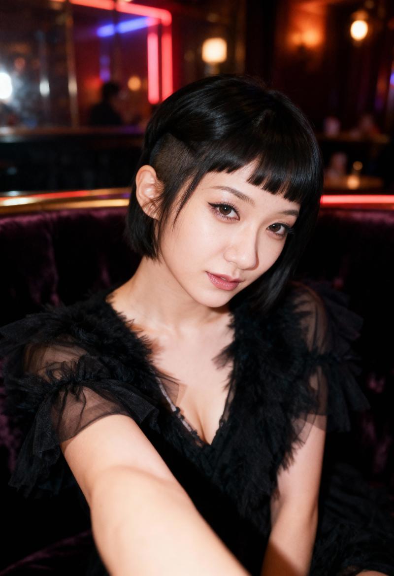 薄暗いレストランで自撮りをする若いアジア人女性のポートレート。