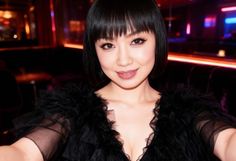 黒い短いボブのヘアカットとドラマチックなアイメイクをした若い女性の自撮り写真。