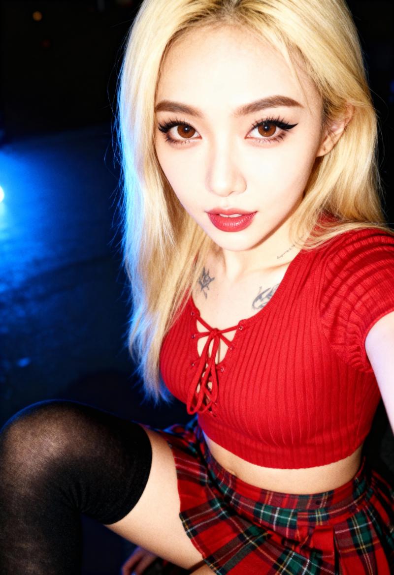 赤いクロップトップとタータンチェックのスカートを着た長いブロンドの髪の若い女性が、青...。