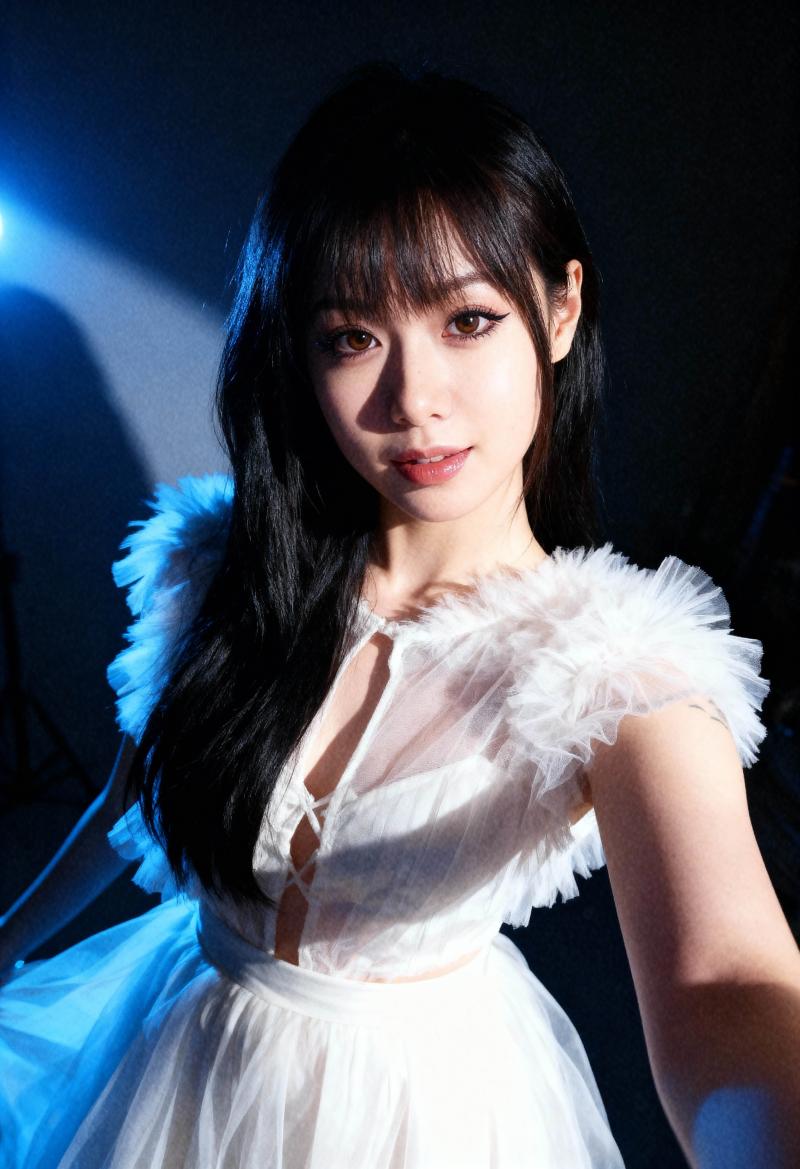 長い黒髪と白いドレスを着た若い女性が、暗い背景に青いスポットライトが当たってセルフィ...。