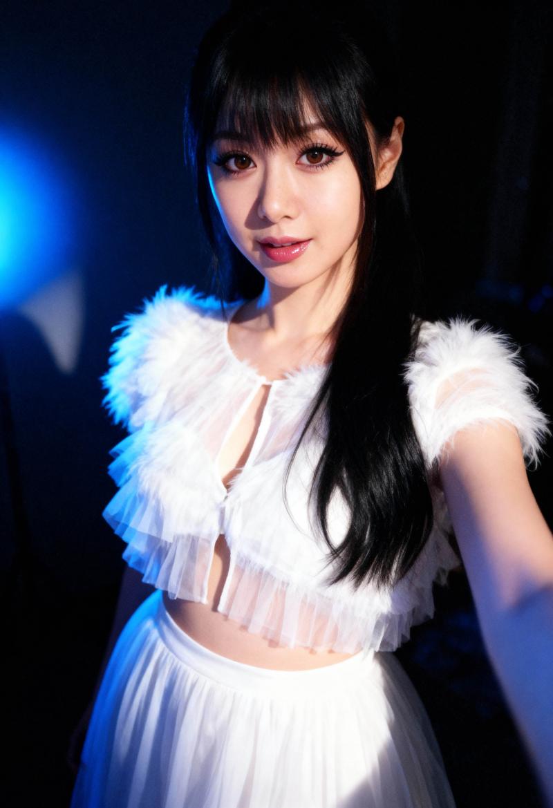 青い光源を背景にセルフィーを撮る若い女性をポートレートアングルから撮影した写実的な写真。