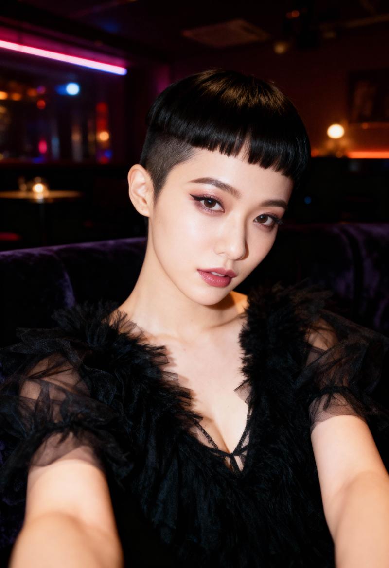 薄暗いナイトクラブで自撮りをする若い女性のポートレート。