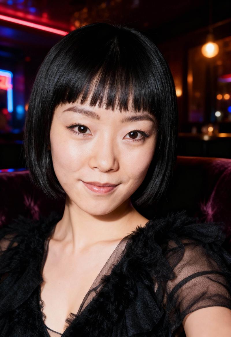 短い黒いボブのヘアカットと前髪を持ち、カメラに向かって直接微笑む若い女性のポートレート。