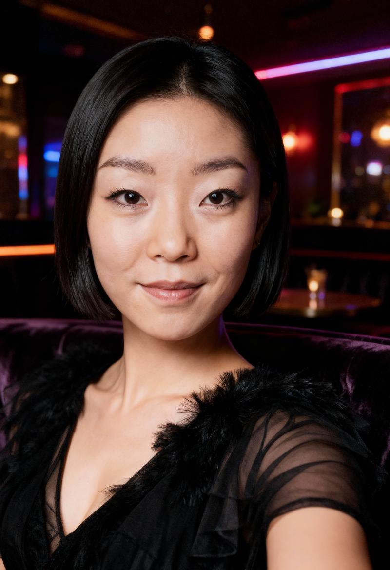 カラフルなライトを背景に薄暗い部屋に座っている、黒い薄手のドレスを着て毛皮のストール...。