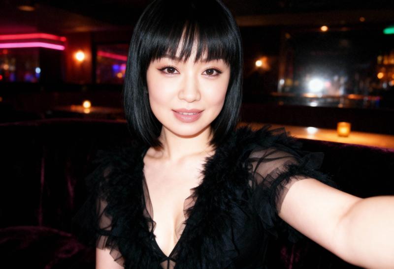 薄暗いバーで自撮りをする若い女性のポートレート。