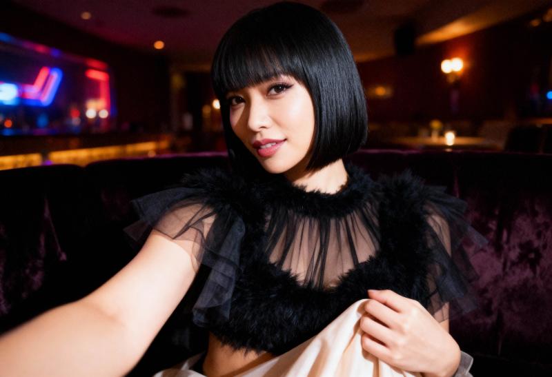 薄暗いレストランのソファに座るボブヘアの若い女性が、エッジのフリルが付いた薄手の黒い...。