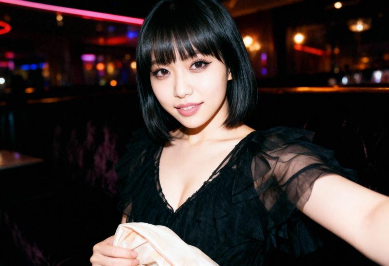 薄暗いレストランでナプキンを持って自撮りをする若い女性を、自撮りアングルから写実的に...。