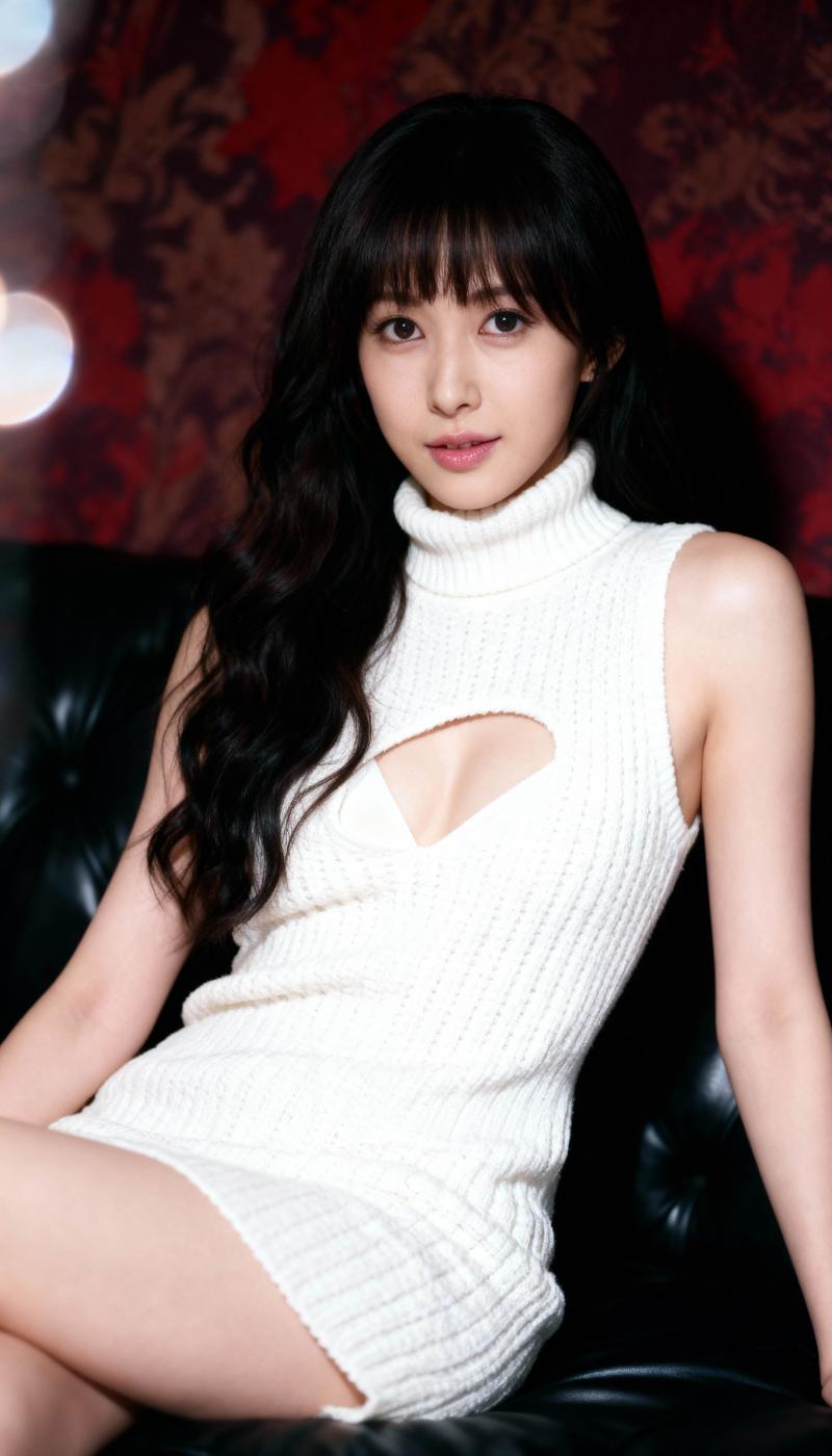 前に切り込みのある白いニットドレスを着て黒い革張りのソファに座り、前髪のあるウェーブ...。