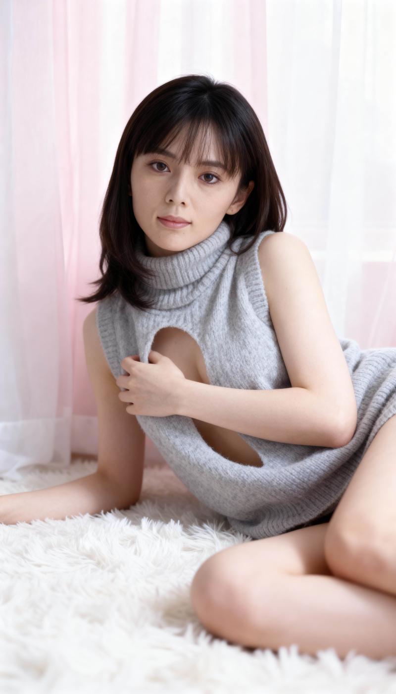 カットアウト デザインのグレーのノースリーブ セーターを着て、ふわふわの白い敷物の上...。