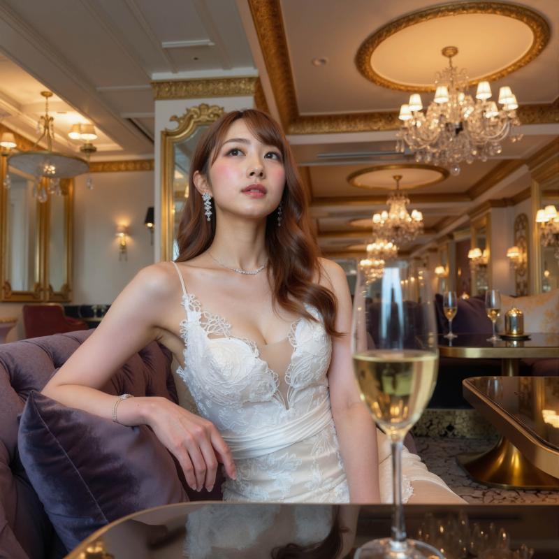 複雑なレースのディテールが施された白いウェディング ドレスを着て、白ワインを飲みなが...。