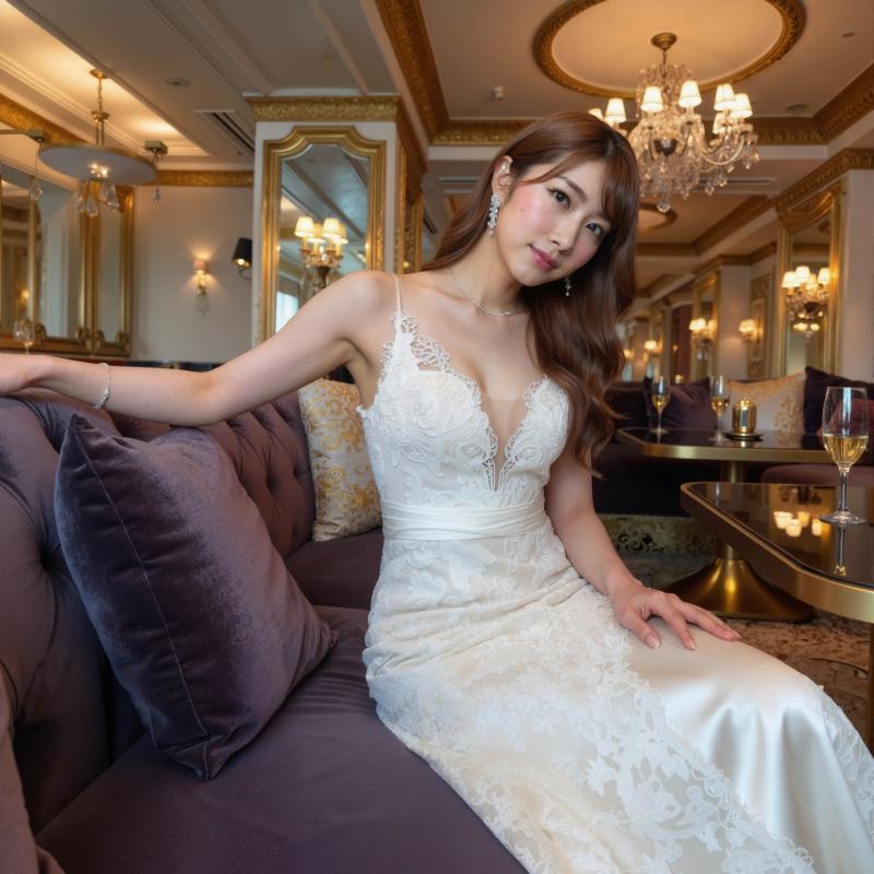 豪華なウェディング ドレスを着た女性がフォーマルなリビング ルームのソファに座ってい...。