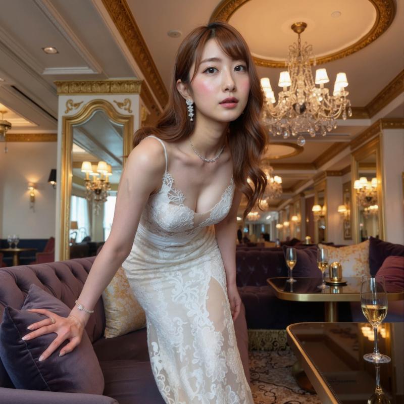 白いレースのドレスを着て、豪華なリビング ルームで優雅にポーズをとる若い女性を横から...。