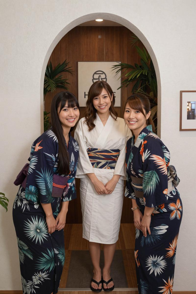 伝統的な和服を着た 3 人の女性が植物を背景にアーチ道で写真を撮る、正面カメラのアン...。