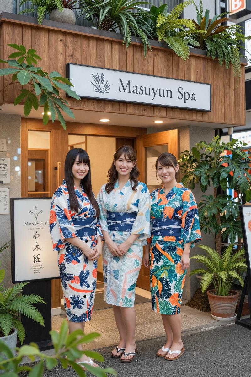 日本の東京にあるマスユン・スパの入り口の前に立つ、トロピカルな葉っぱの模様が入ったカ...。