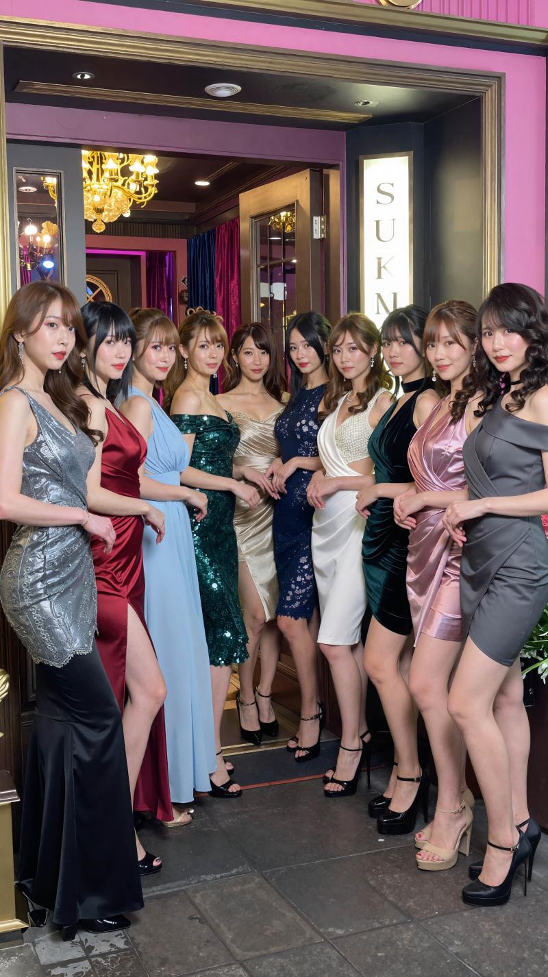 キャバクラの豪華な入り口の前に並ぶ9人のキャバクラ嬢グループ。