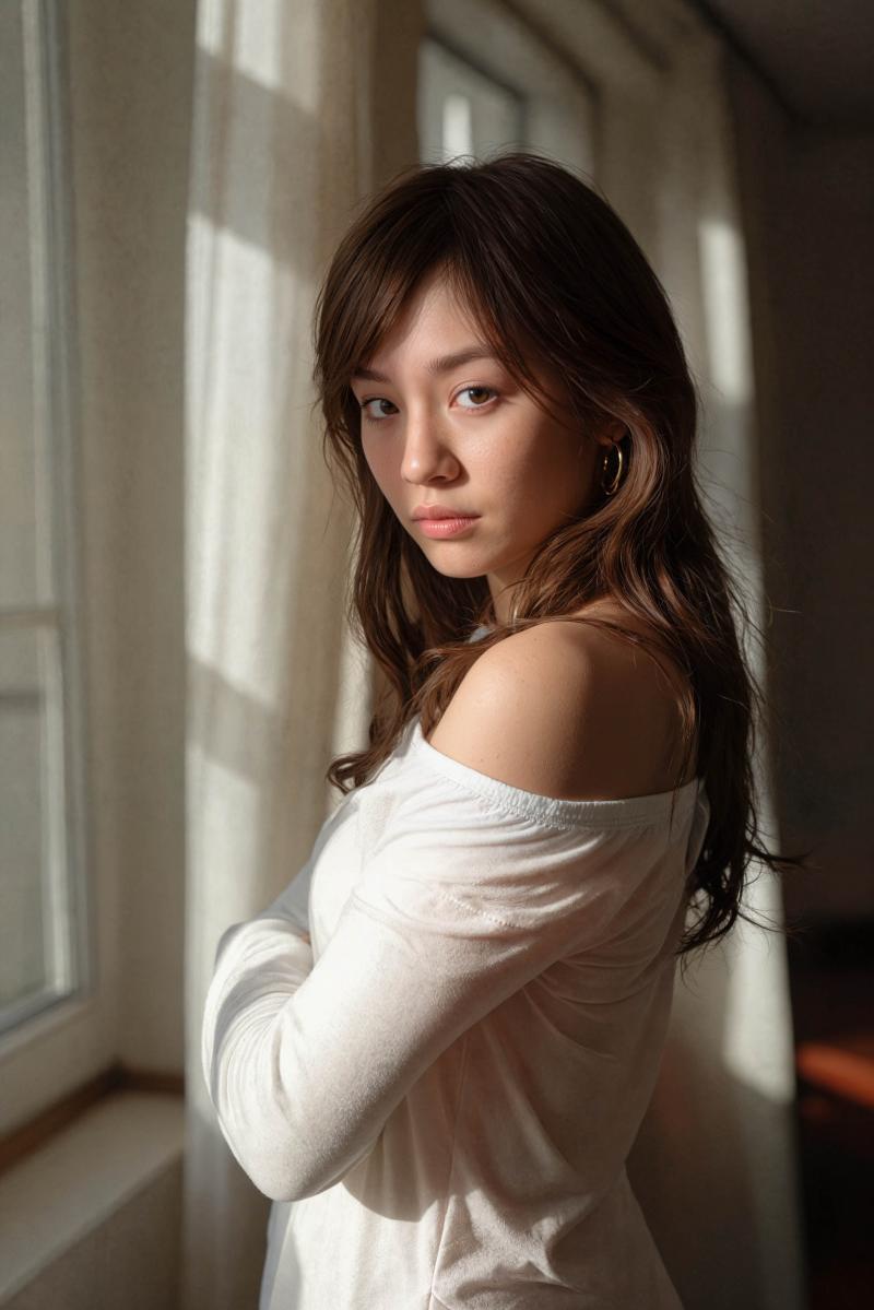 窓の前に立ち、真剣な表情でカメラをまっすぐ見つめている若い女性をポートレート アング...。