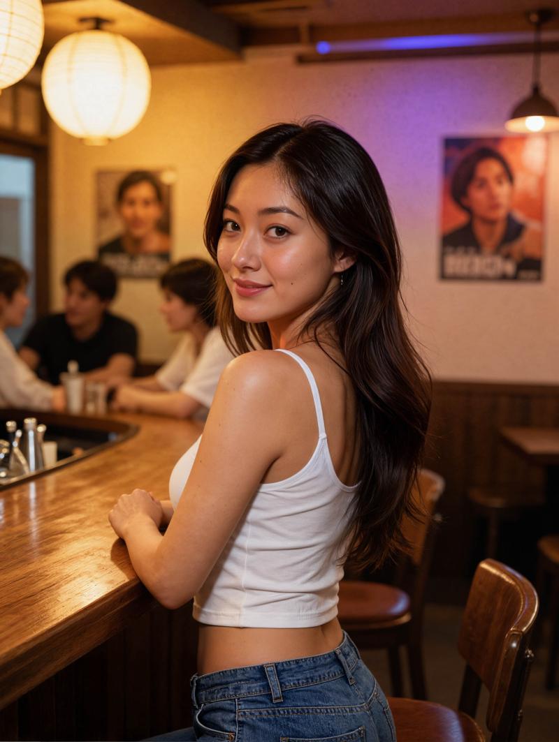 背景に人々がいる、薄暗いレストランのバーカウンターにもたれかかる若い女性を横から写実...。