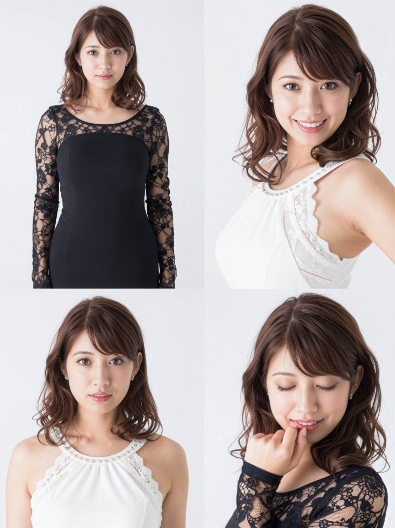 無地の白い背景に格子状に配置された、さまざまな角度から見た若い女性のポートレート 6...。