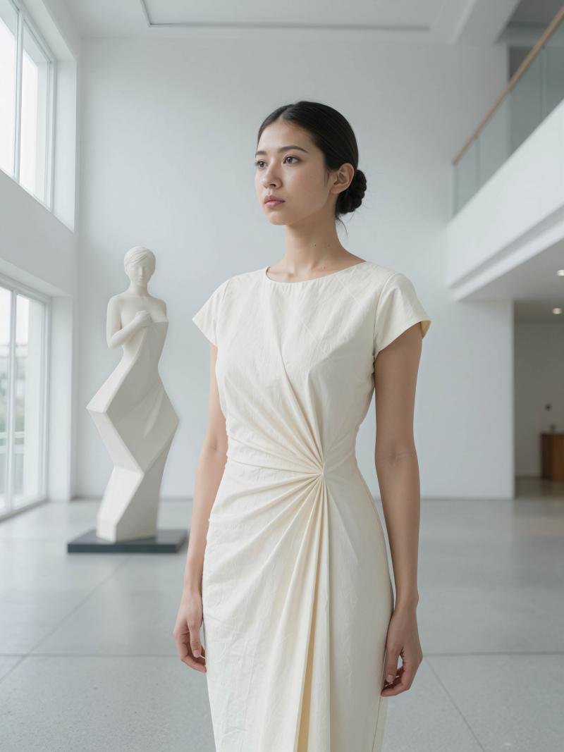 結び目のディテールが施された白いドレスを着てアート ギャラリーに立つ若い女性を横顔カ...。