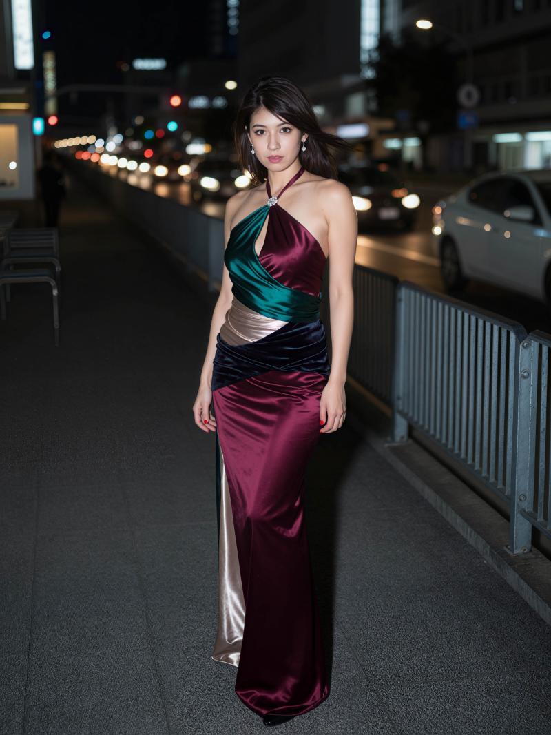 街の明かりを背景に、夜の街路に佇む豪華なイブニングドレスを着た女性を、全身カメラアン...。