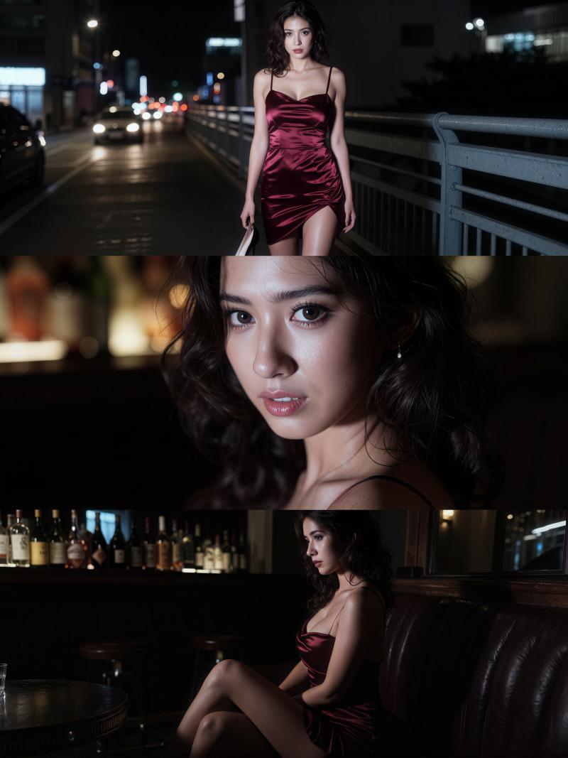 夜の街路で自信を持ってポーズをとる赤いサテンのドレスを着た女性をフィーチャーした、複...。