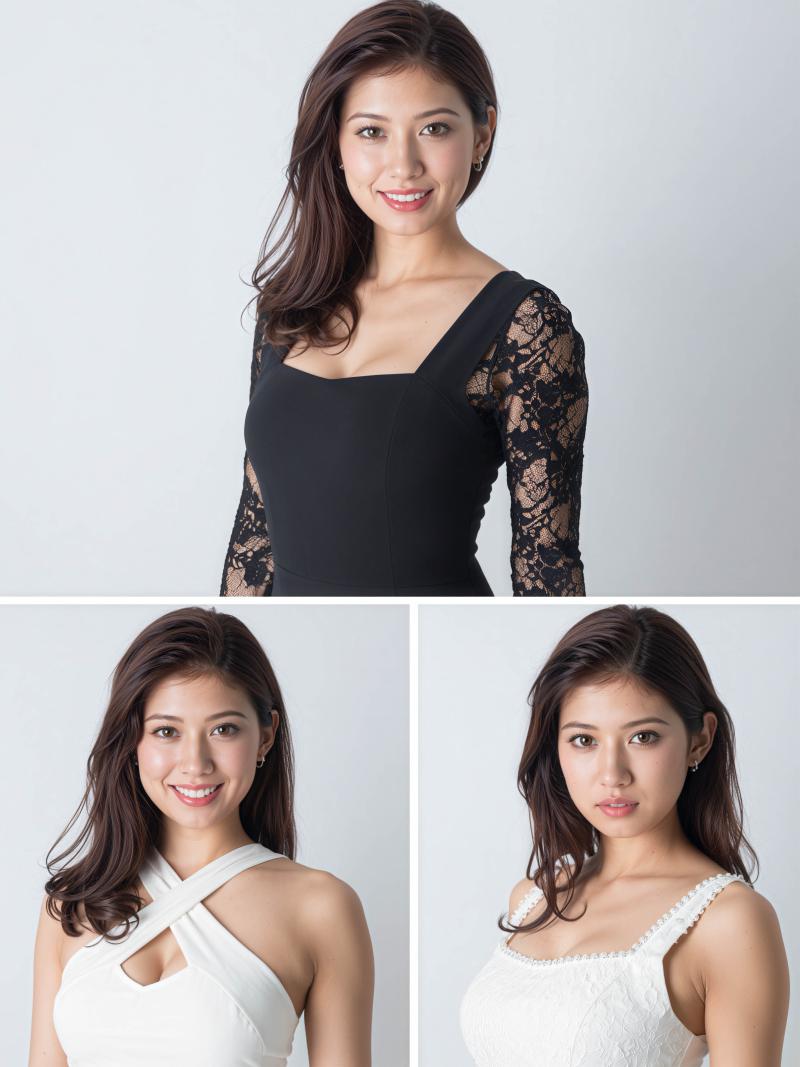 4 つの異なる角度からプロが顔写真を撮影し、異なる表情を持つ若い女性の 4 つのポー...。