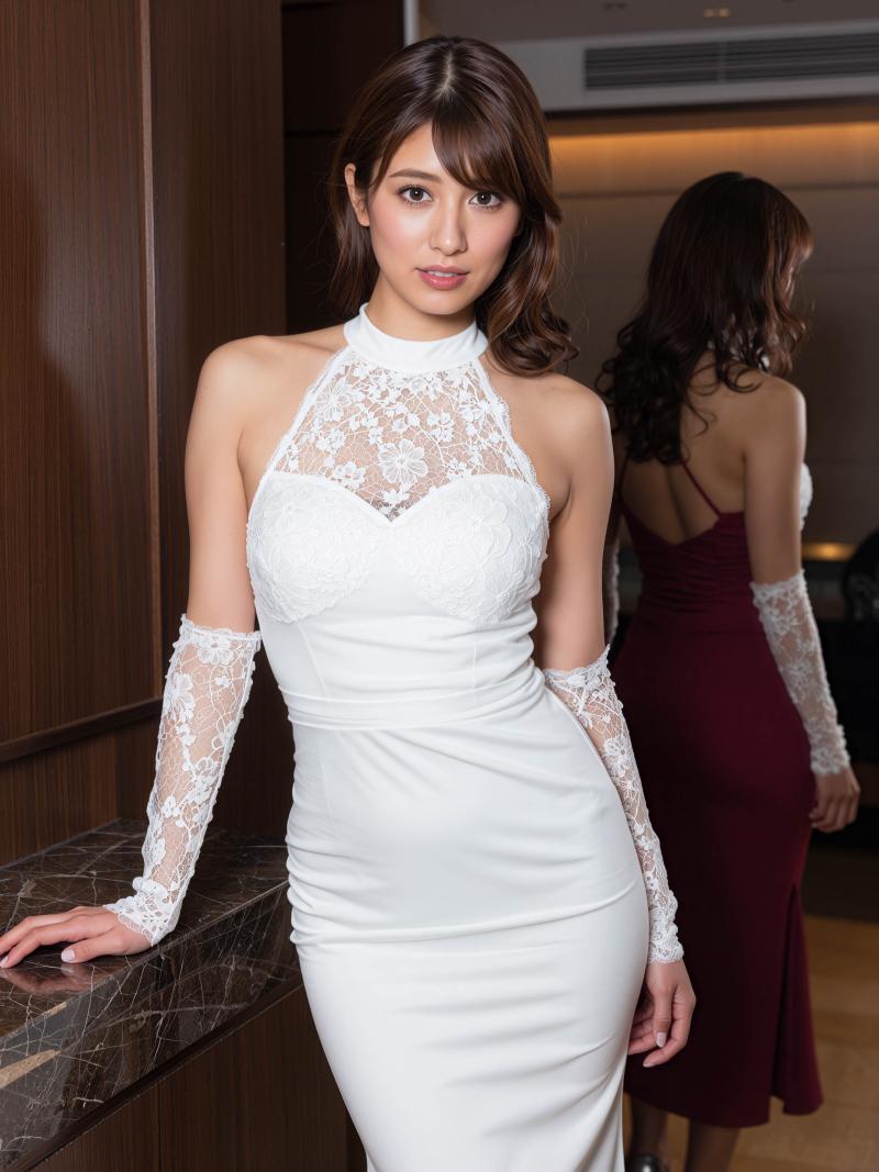 モダンな雰囲気のカウンターにもたれかかる白いウェディングドレスを着た女性を横から写実...。