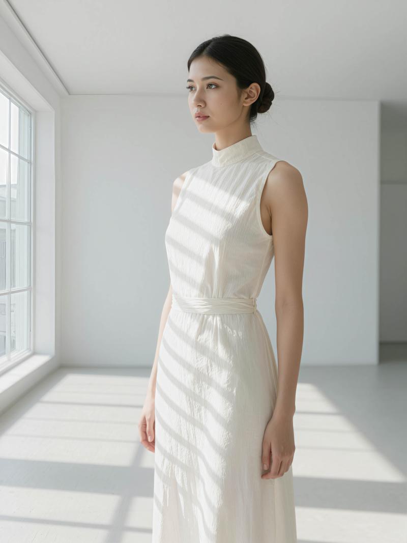 縦縞模様の白いノースリーブのドレスを着て、誰もいない部屋に立つ若い女性を横顔カメラの...。